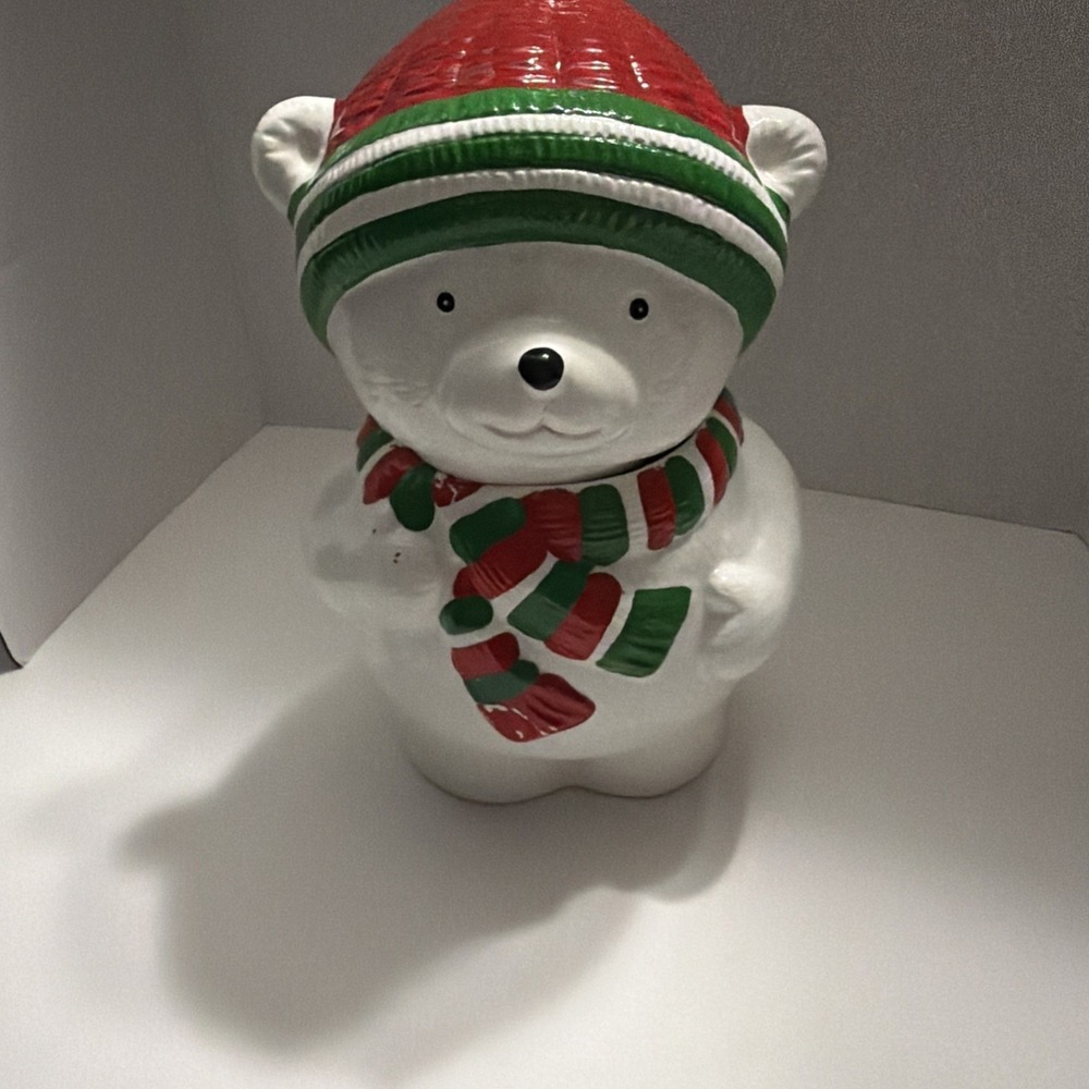 Holiday Ceramic Polar Bear Cookie Jar White Red Green Striped Scarf Hat 10 inch